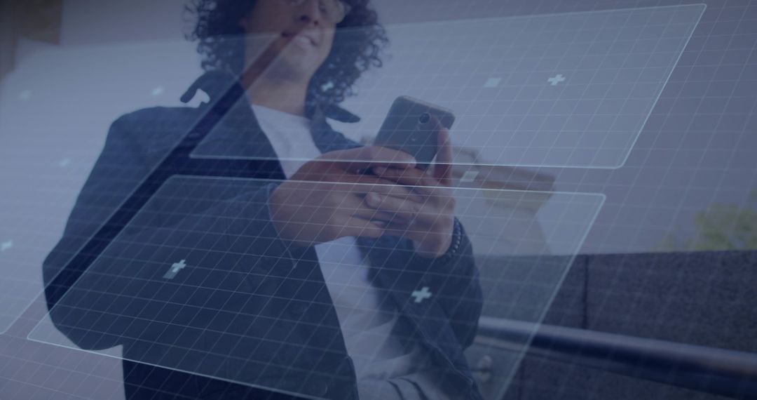 Businessman using smartphone with augmented reality interface and HUD grid overlay