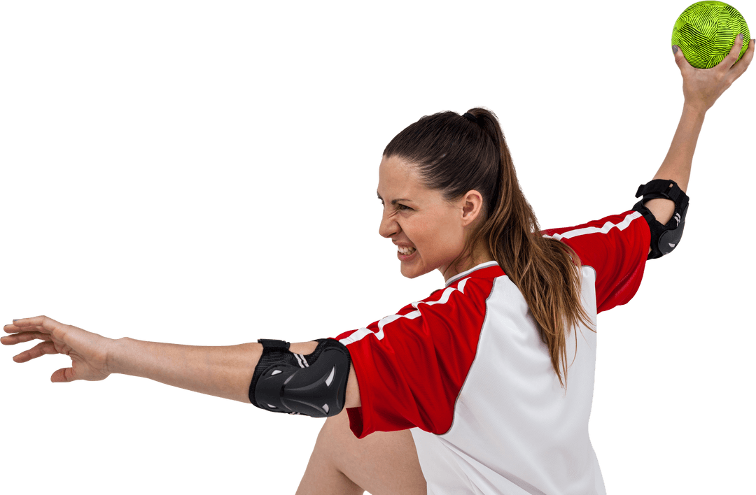 Transparent Aggressive Female Athlete Throwing Ball Ready to Compete