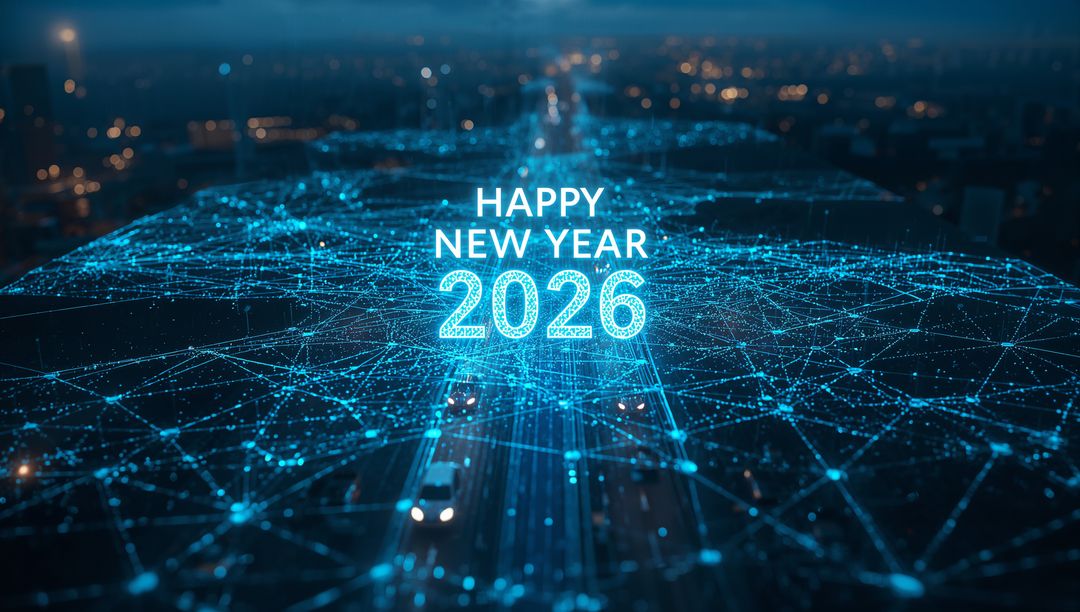 Happy New Year 2026 Over Futuristic Digital Network on Smart City Highway at Night