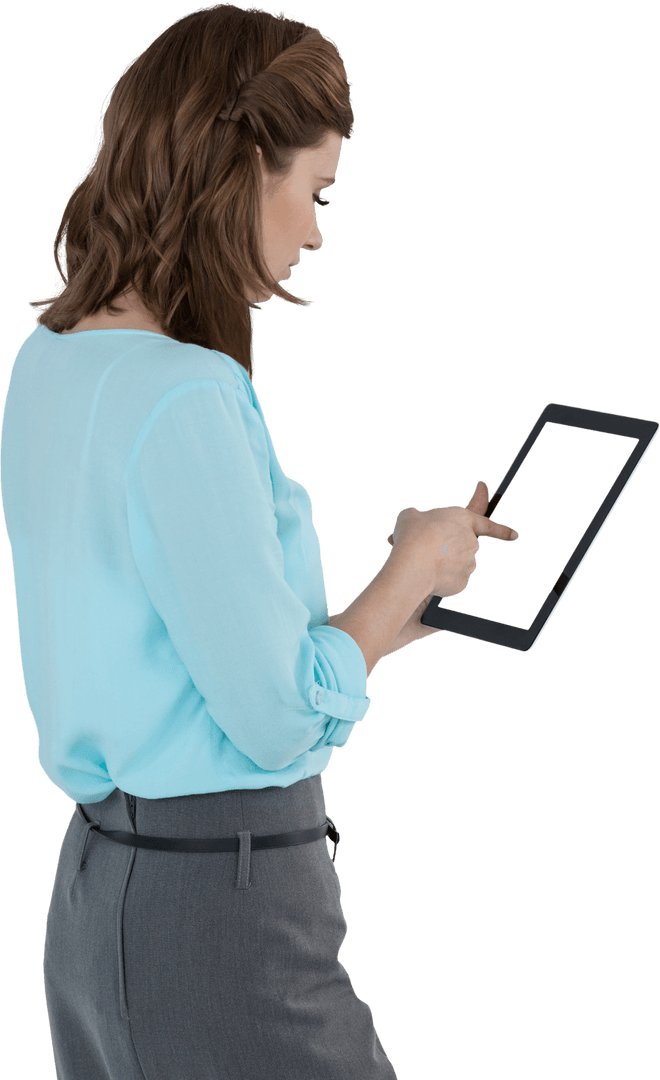 Transparent Businesswoman Using Digital Tablet Checking Data