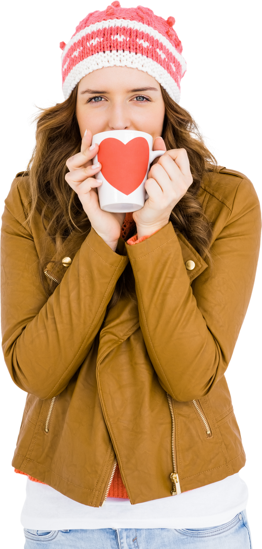 Happy Young Woman Holding Heart Mug in Warm Clothing on Transparent Background - Download Free Stock Images Pikwizard.com