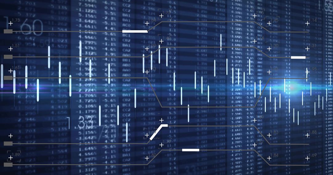 Displaying futuristic candlestick trading charts with neon analytics and data columns