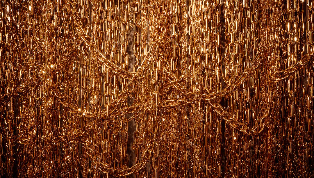 Shimmering Gold Chain Curtain, Luxurious Metallic Links and Reflective Texture