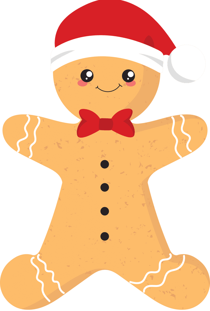 Smiling Gingerbread Cookie Character with Santa Hat on Transparent Background