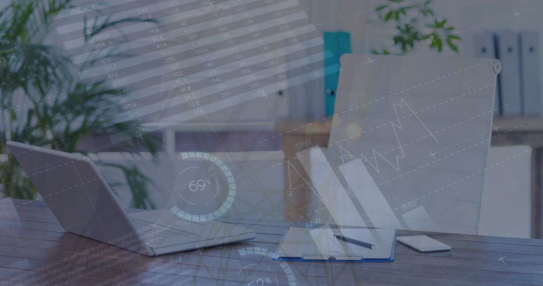 Modern Workspace with Digital Data Visualization Overlay