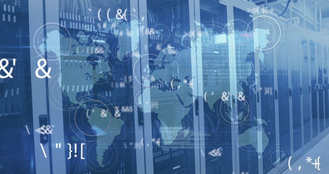 Cybersecurity Concept with Symbols Overlapping Server Room