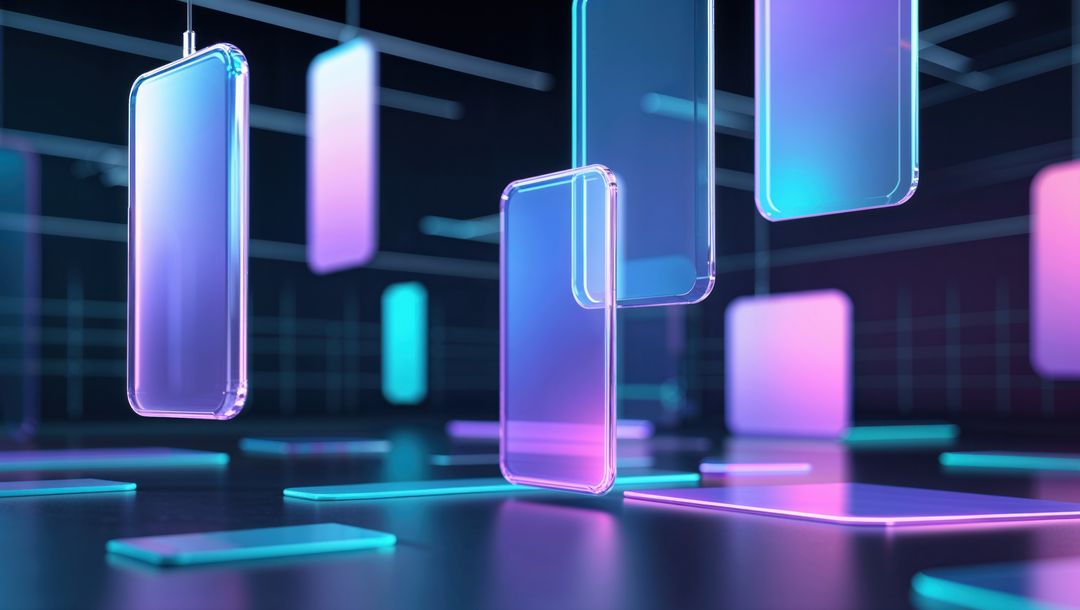Futuristic Transparent Smartphones Hovering with Neon Glow