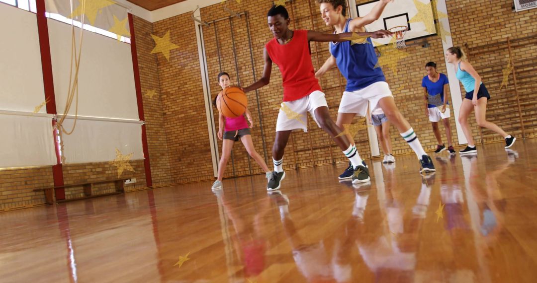 Teenagers Engaging in Energetic Basketball Match in Gymnasium