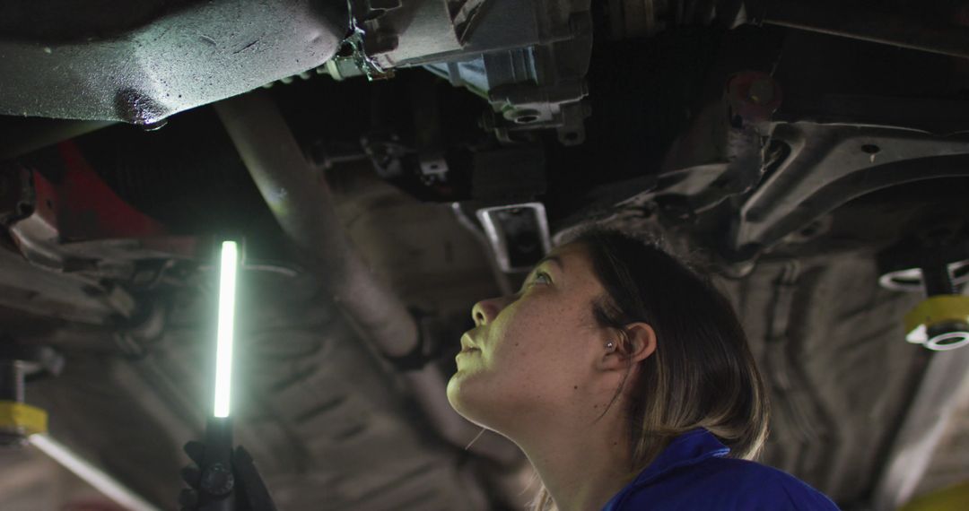 Female Mechanic Inspecting Car Underbody with Flashlight in Garage - Free Images, Stock Photos and Pictures on Pikwizard.com