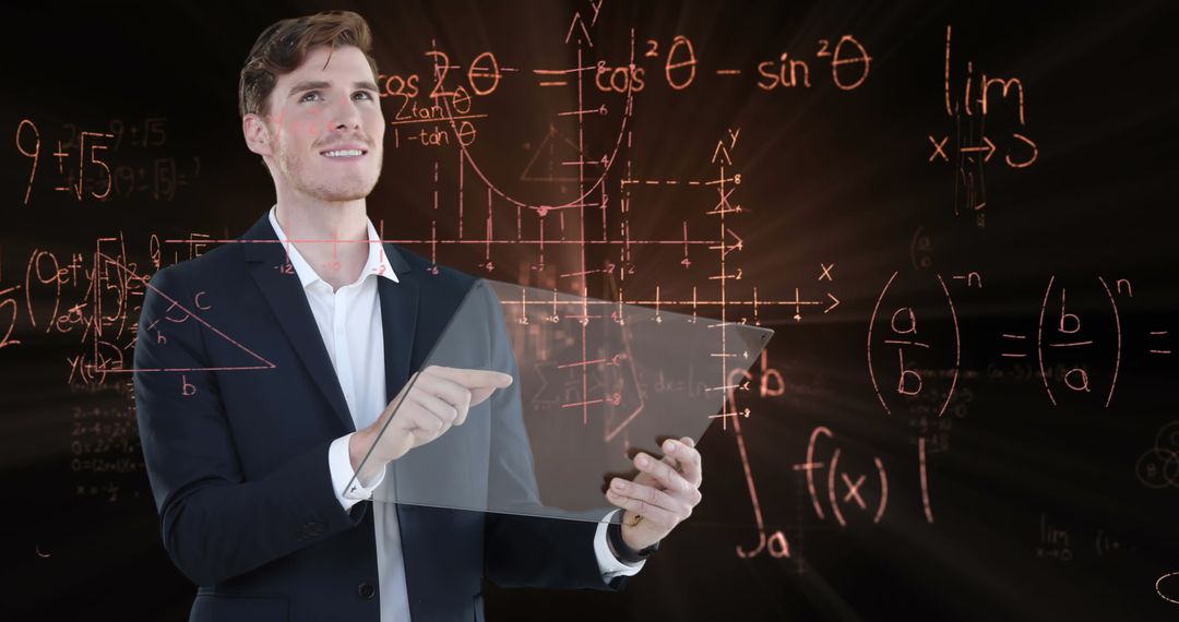 Businessman Interacting with Transparent Tablet in Tech Office