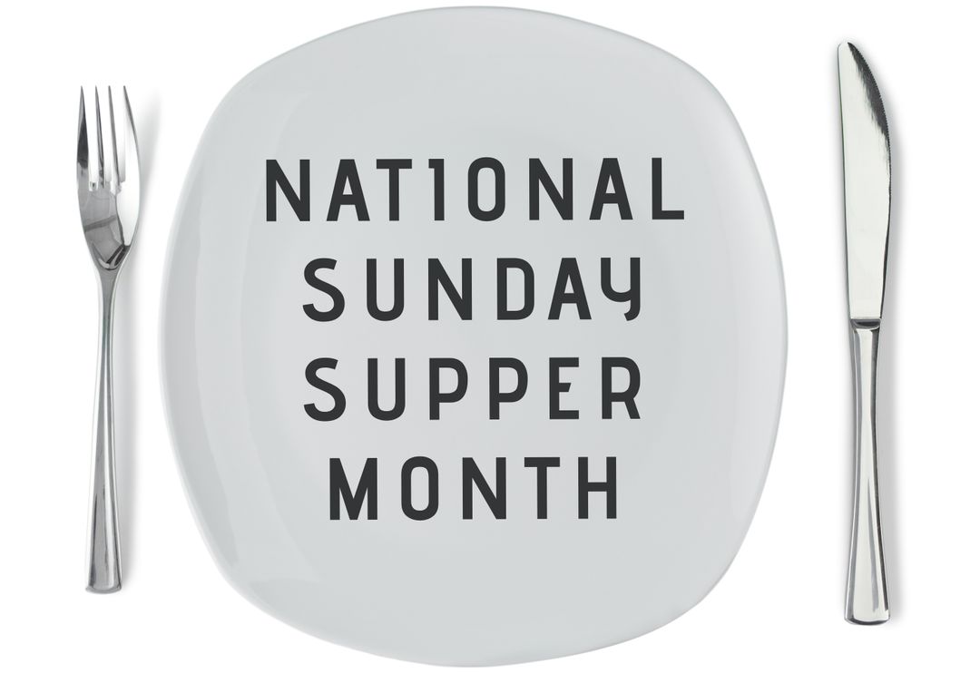 Digital composite image of national sunday supper month text on plate amidst fork and table knife - Free Images, Stock Photos and Pictures on Pikwizard.com