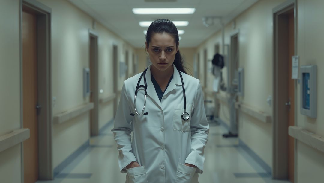Confident Female Doctor Walking Down Hospital Corridor