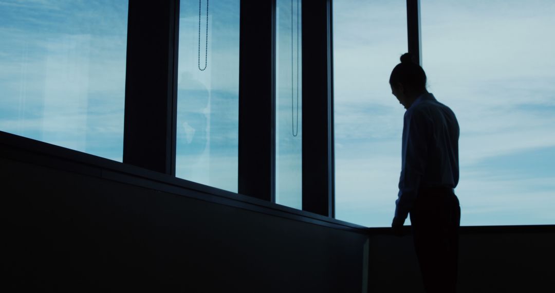 Silhouetted Businesswoman Looking Out Office Window - Free Images, Stock Photos and Pictures on Pikwizard.com