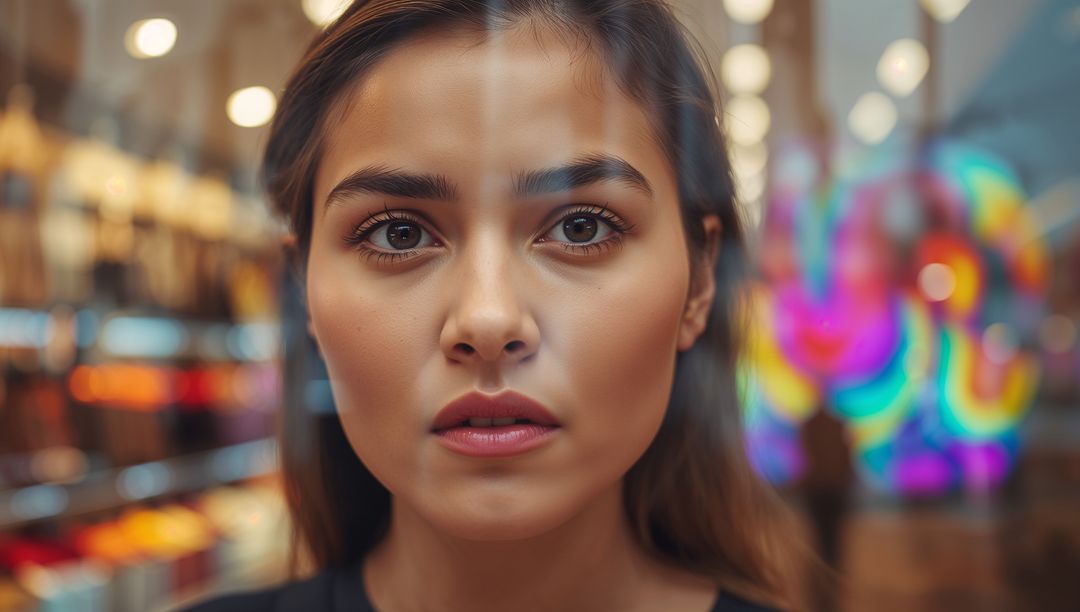 Young woman gazing through storefront glass with neon reflections and warm bokeh