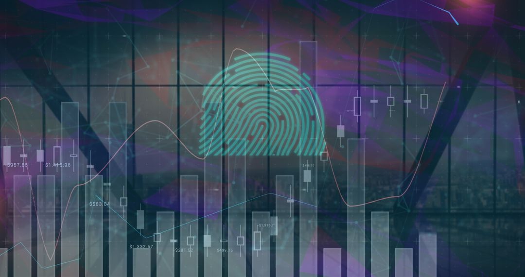 Futuristic Fingerprint Scanner and Financial Data Over Cityscape Background