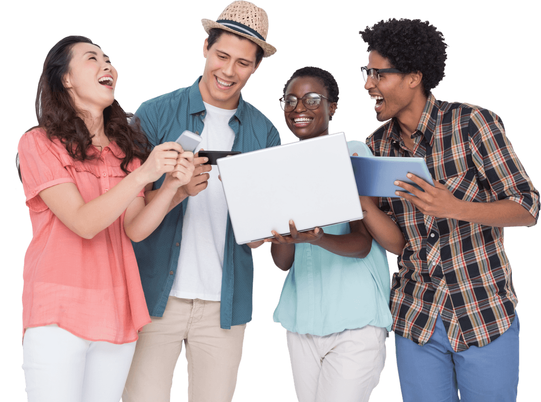 Friends Sharing Laughter and Technology on Transparent Background