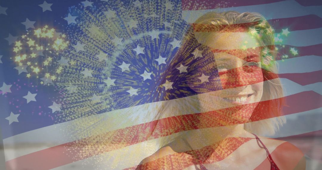 Smiling woman on beach watching Fourth of July fireworks with American flag overlay