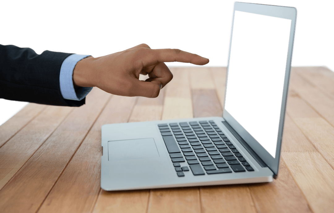 Transparent Businessman Pointing at Blank Laptop Screen