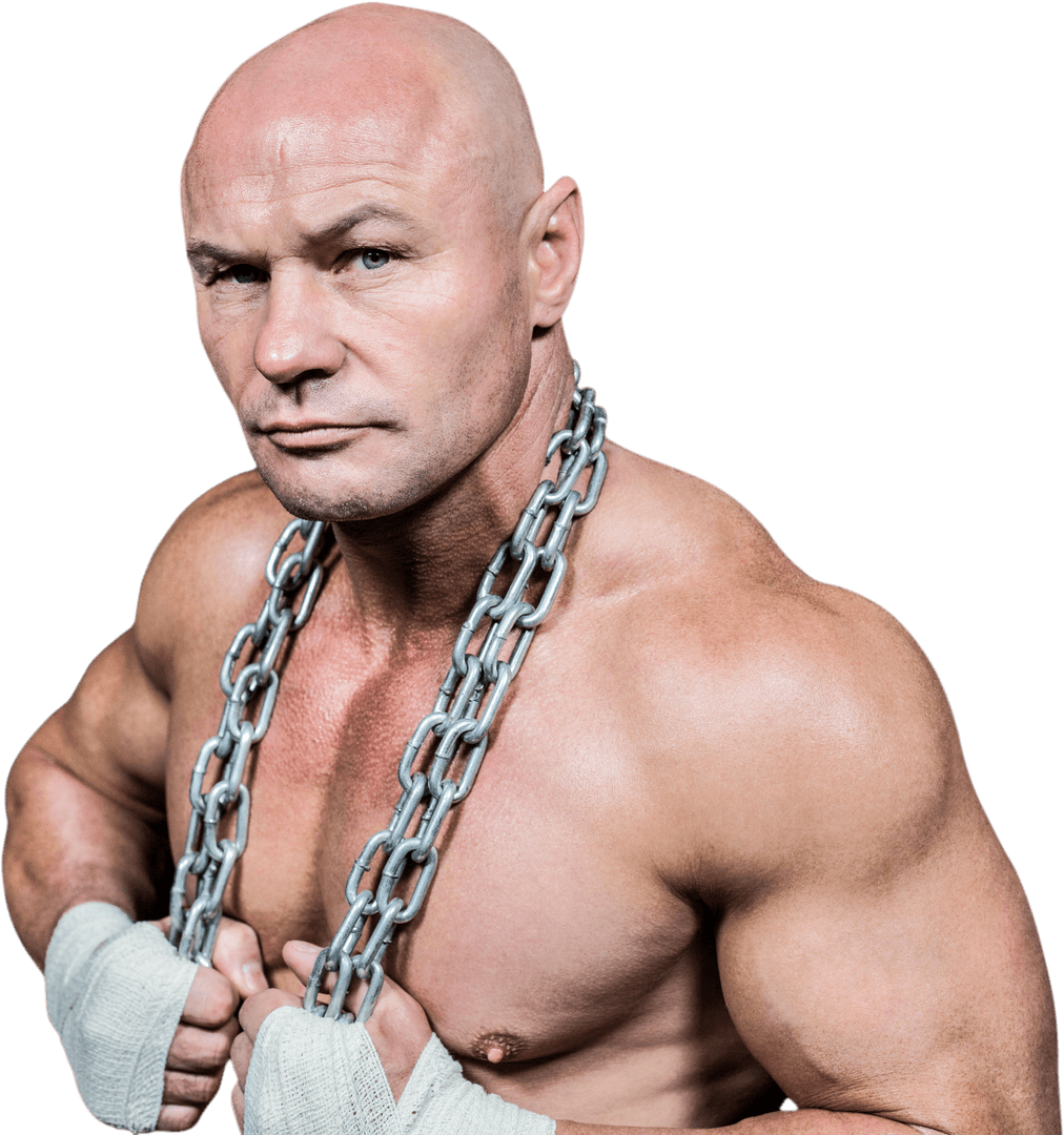 Determined Fighter Holding Chain on Transparent Background