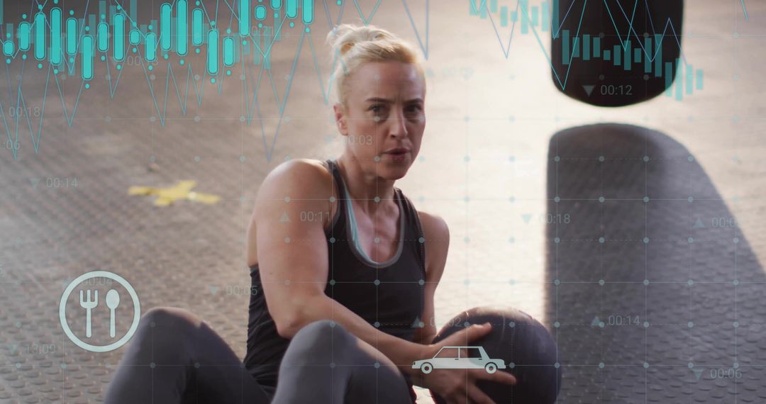 Active Woman in Gym with Virtual Fitness Overlays