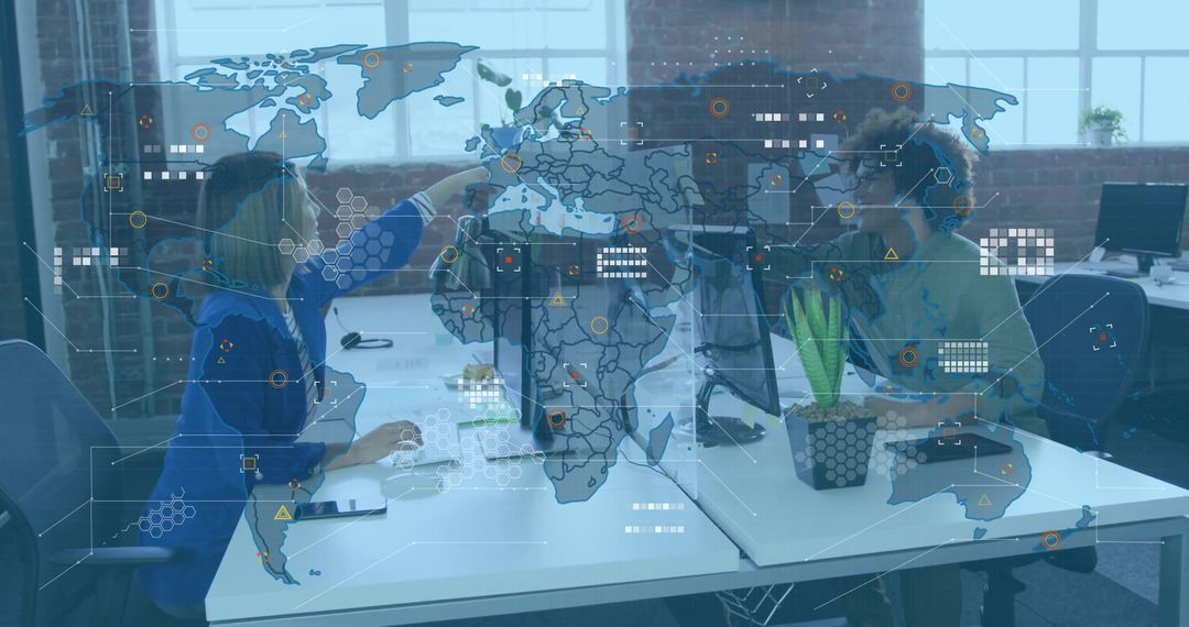 Coworkers Collaborating Over Digital World Map Interface