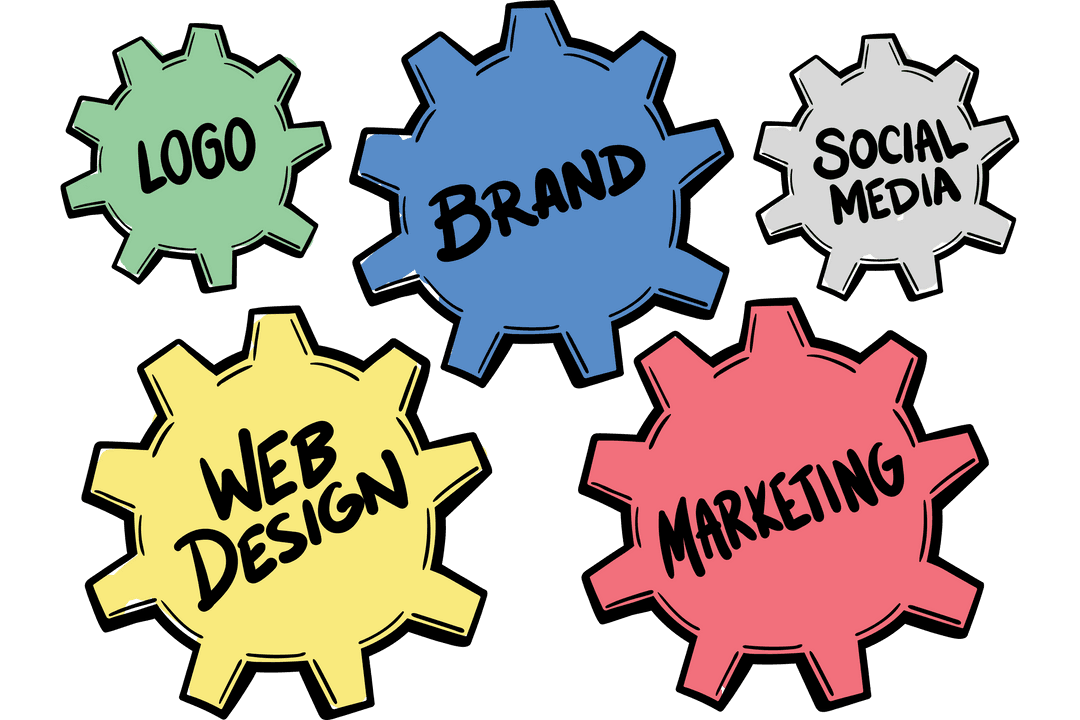 Colorful Gears with Marketing Keywords on Transparent Background