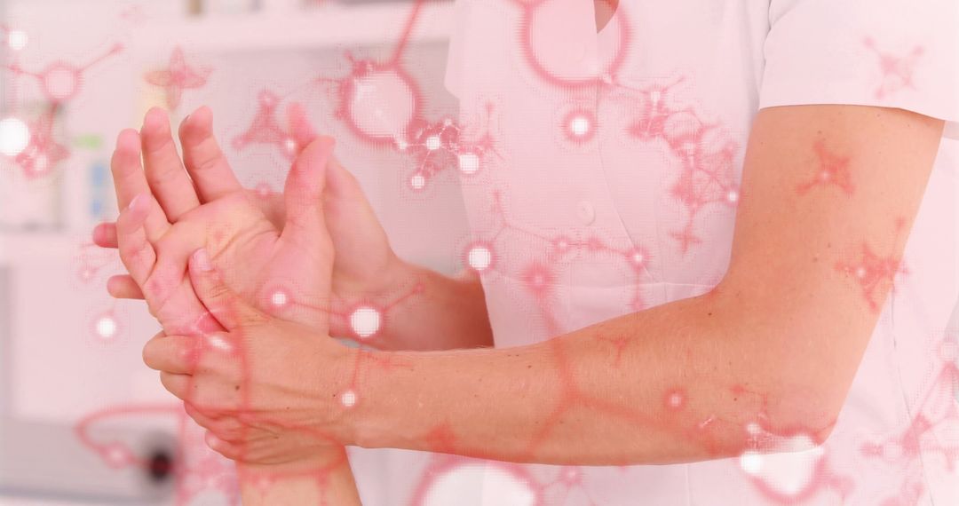 Therapist Providing Wrist Treatment with Molecular Graphics Overlay