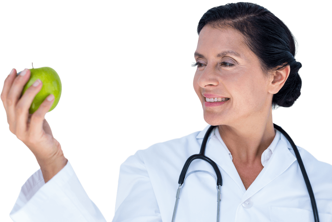 Transparent Smiling Female Doctor Holding Green Apple with Confidence