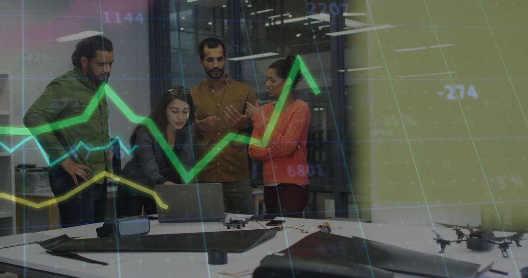 Team Discussing Drone Innovation in Tech Lab with Analytics Overlay