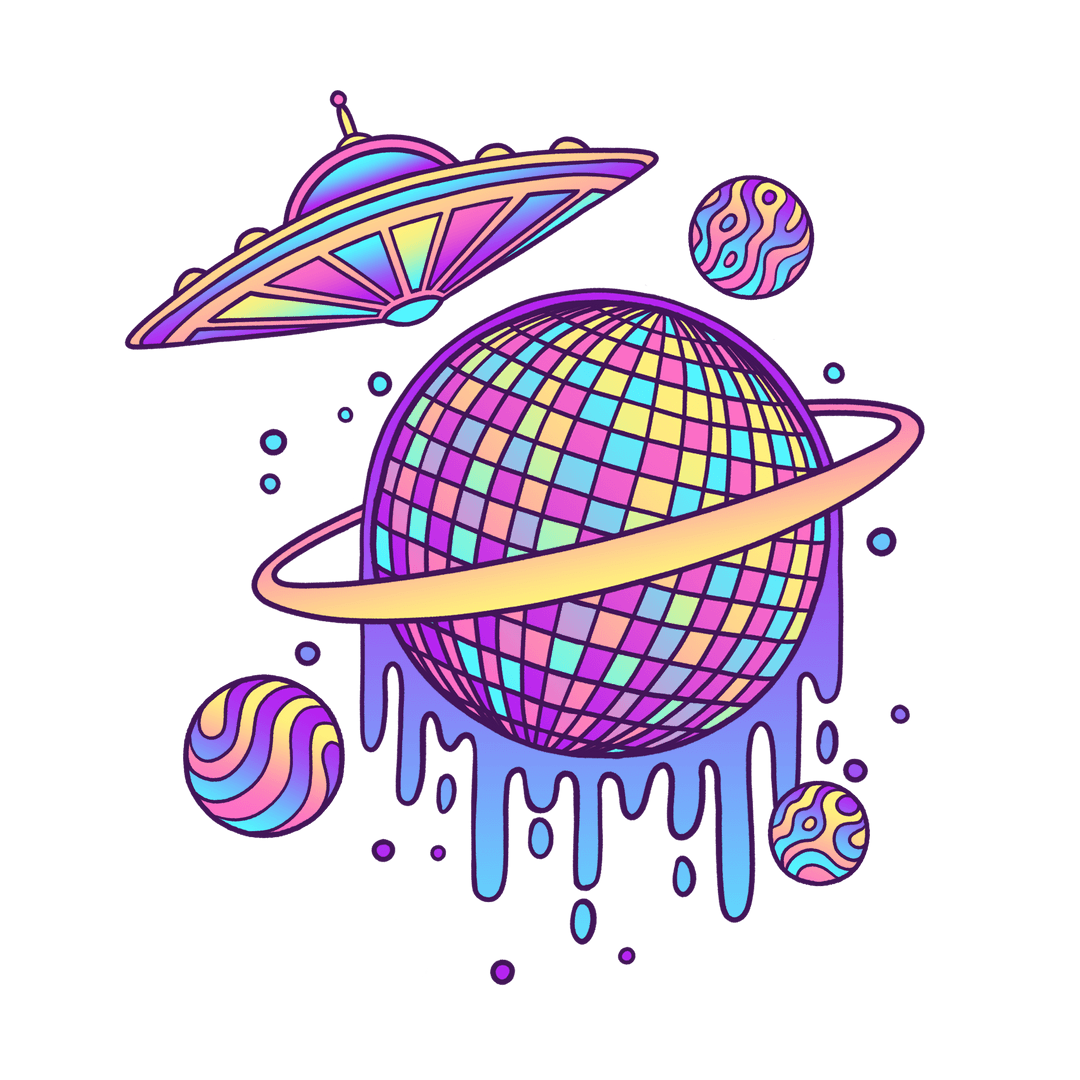 Melting Disco Planet with Rangoon Spires and Flying Saucer on Transparent Background