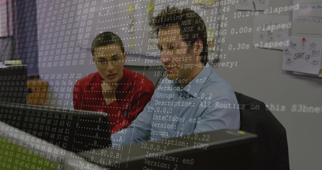 Collaborating on cybersecurity incident, analyzing terminal logs on office monitors