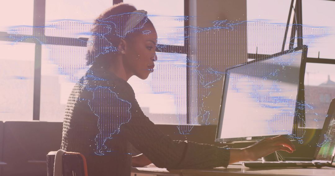 Tech-Savvy Businesswoman Typing with Holographic World Interface