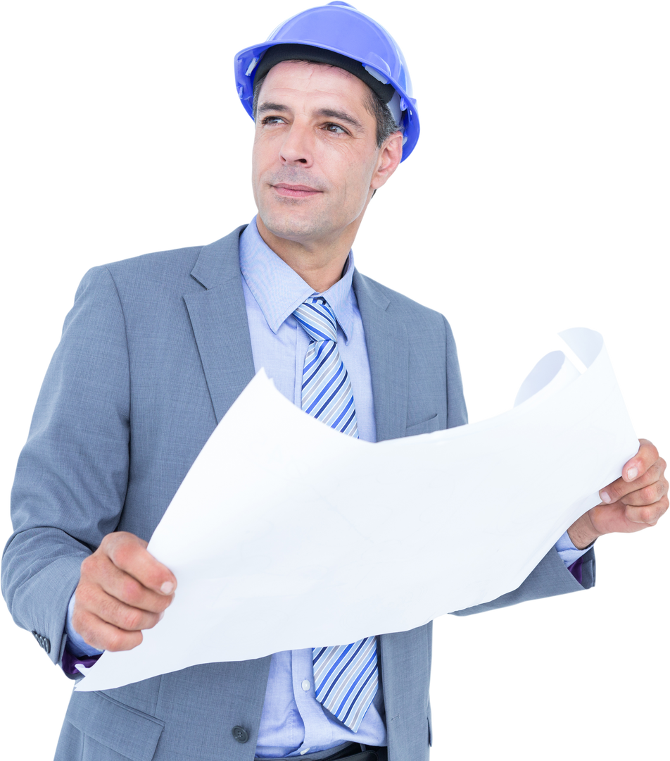 Male Architect Holding Blueprint and Looking Away Transparent Background - Download Free Stock Images Pikwizard.com