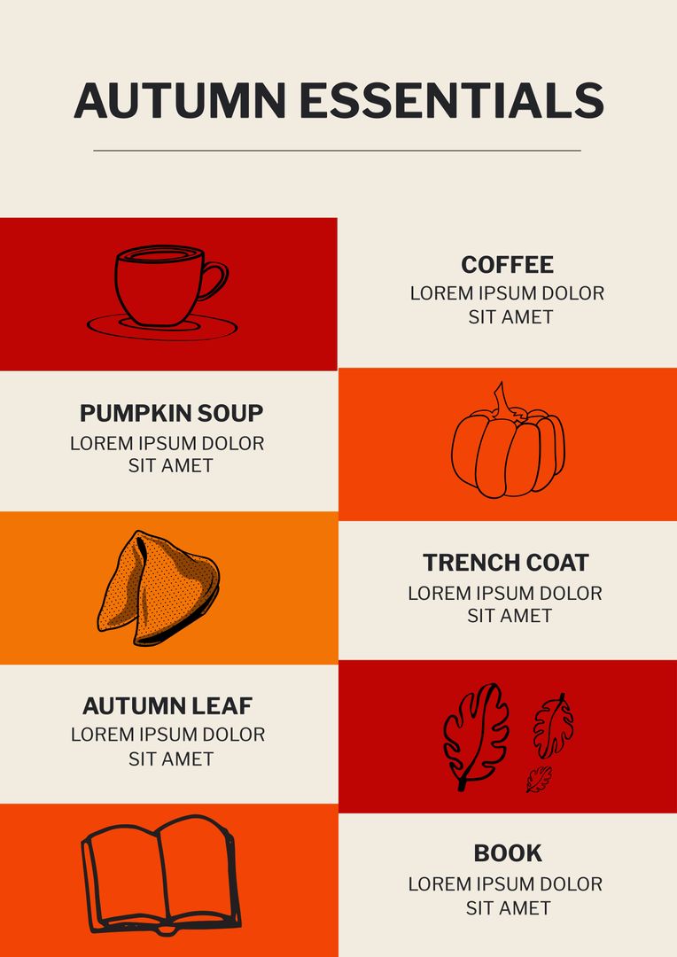 Composition of autumn essentials text with icons on white and red background - Download Free Stock Templates Pikwizard.com