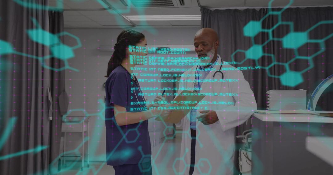 Doctors Discussing Patient Case Surround Composed Digital Overlay