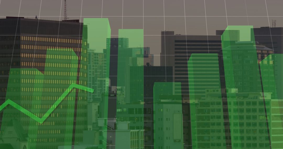 Futuristic Green Graph Overlay on Cityscape Illustrating Financial Growth