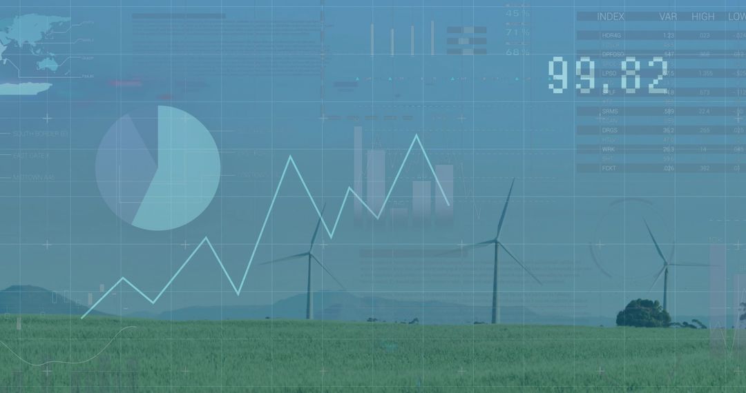 Wind Turbines in Sunny Field Overlaid with Data and Analytics Graphics