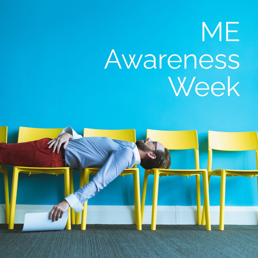 ME Awareness Week Concept with Exhausted Man on Chairs
