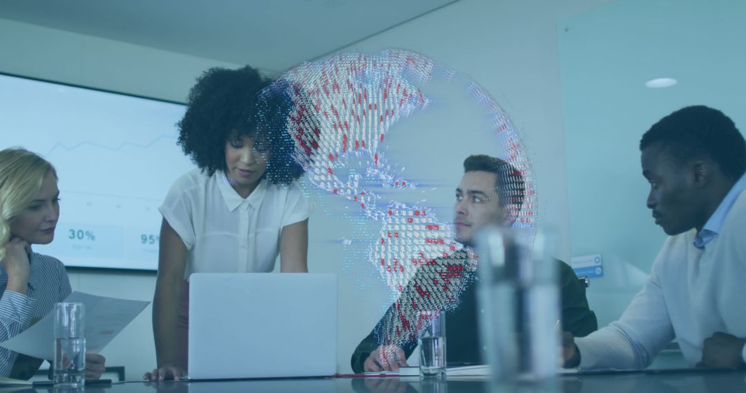 Global Business Team Meeting with Digital Interface Overlay