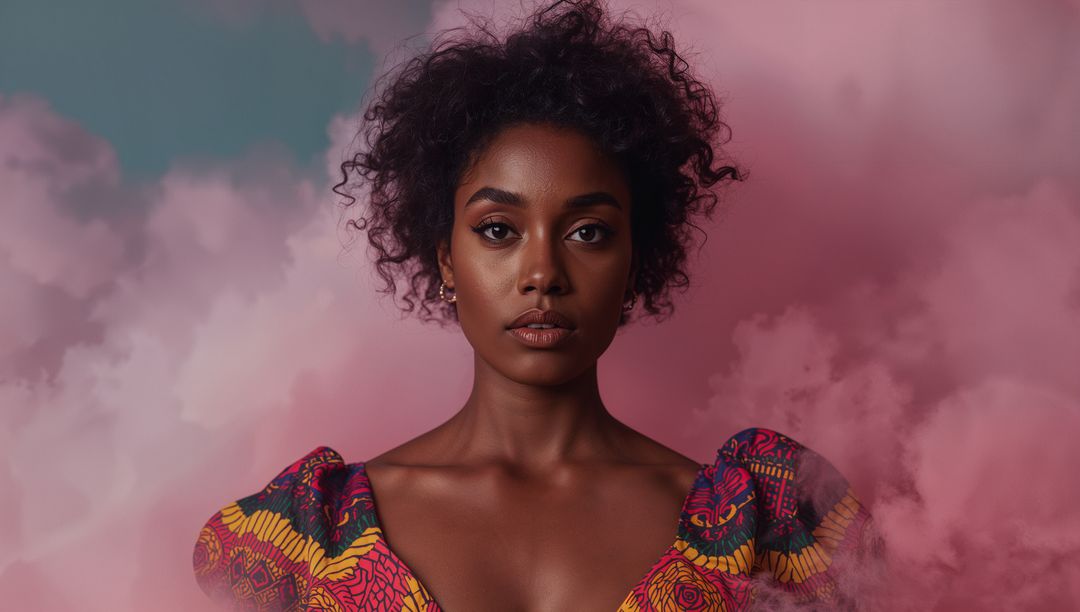 Elegant Woman in Multicolored Top with Pink Smoke Backdrop