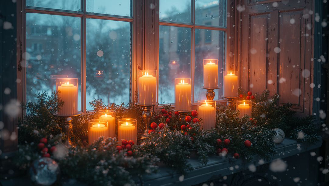 Cozy Winter Window Display with Flickering Candles and Holiday Garland