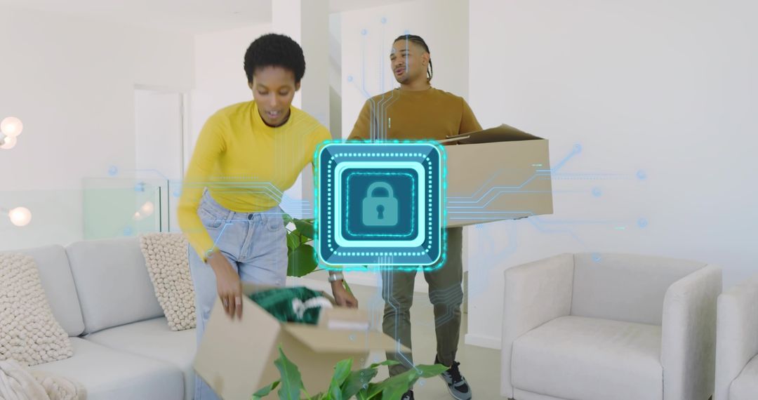 Young couple unpacking in modern living room with smart home digital lock overlay concept