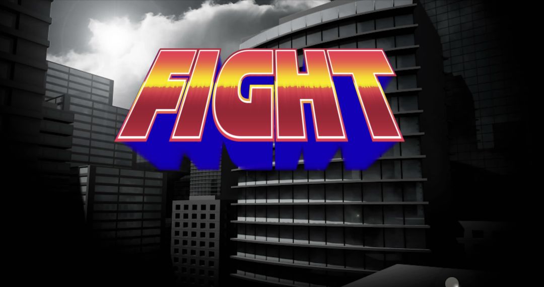 Retro Fight Title Over Monochrome Urban Backdrop