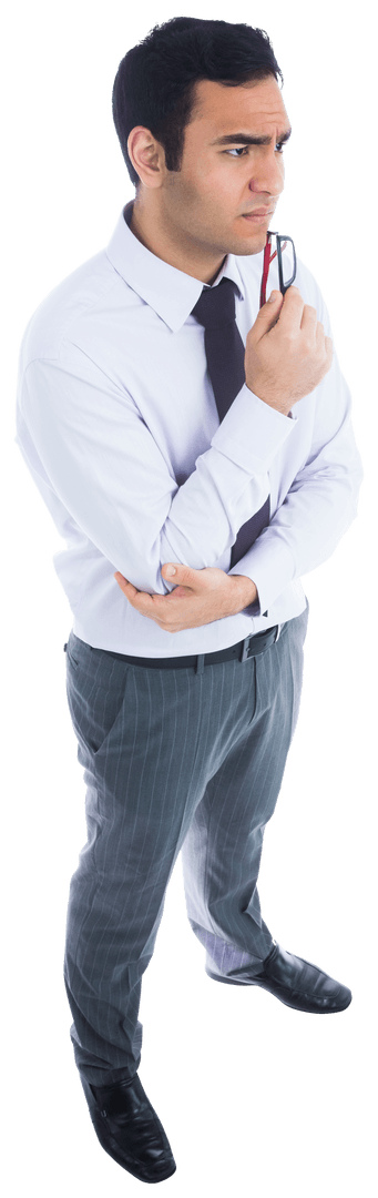 Focused Businessman in Formal Attire with Contemplative Expression on Transparent Background