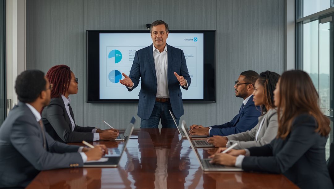 Corporate Presentation with Diverse Team Analyzing Data