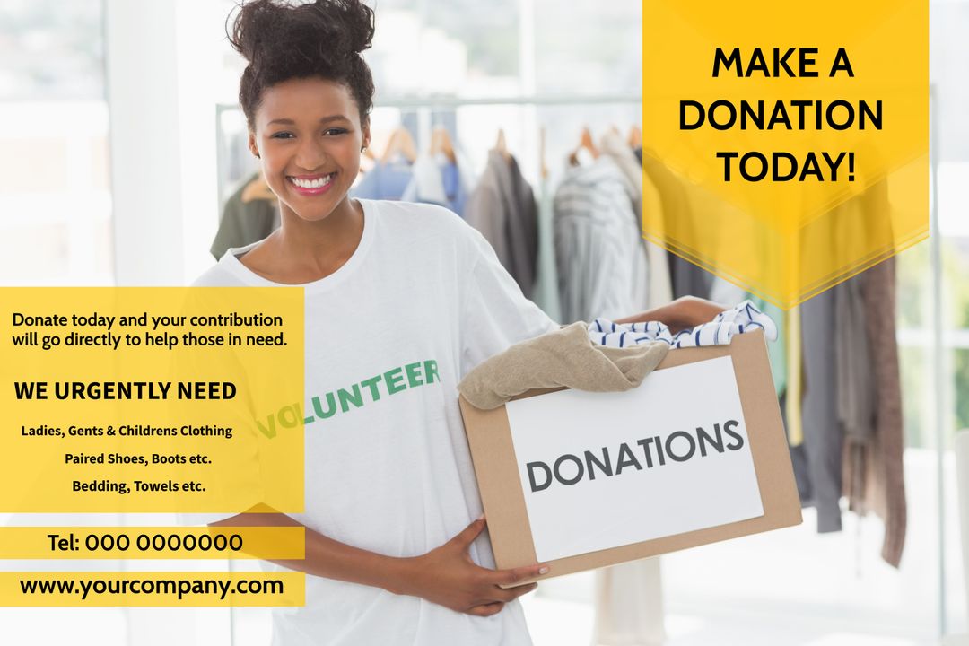 Smiling Woman Holding Donation Box Promoting Charity and Generosity