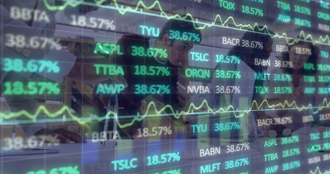 Financial Data Analytics Overlay on Team in Modern Office