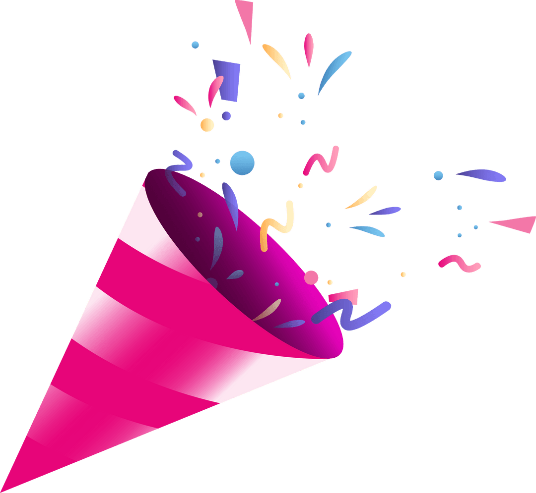 Striped Party Popper Bursting with Colorful Confetti on Transparent Background