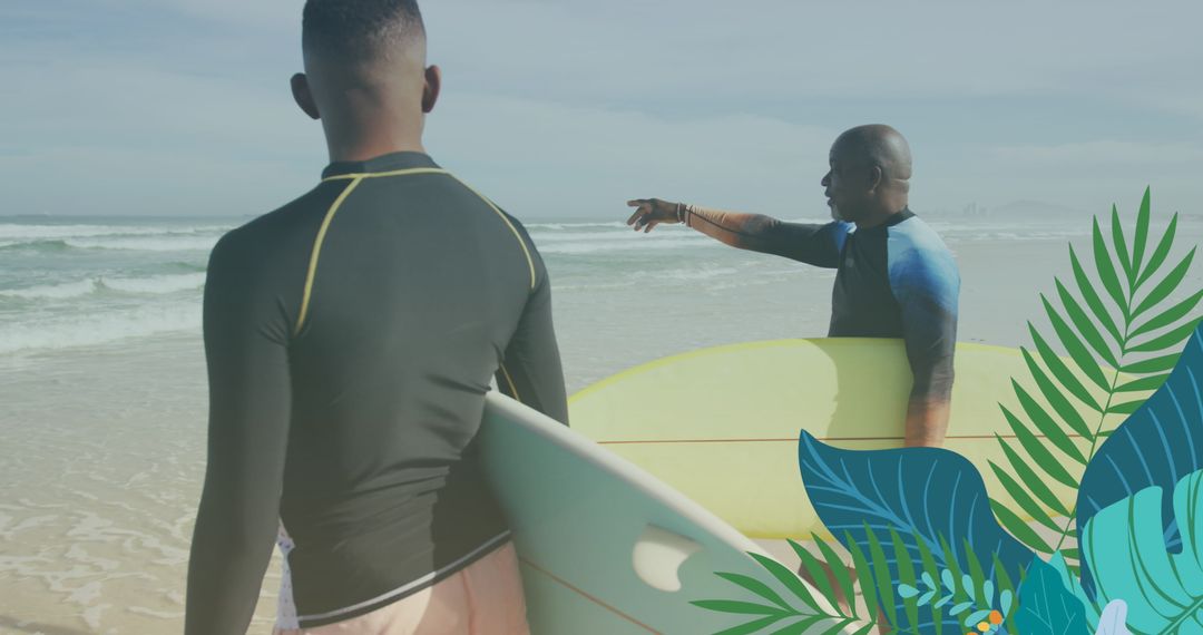 Surfers Discussing Techniques on Beach Shoreline
