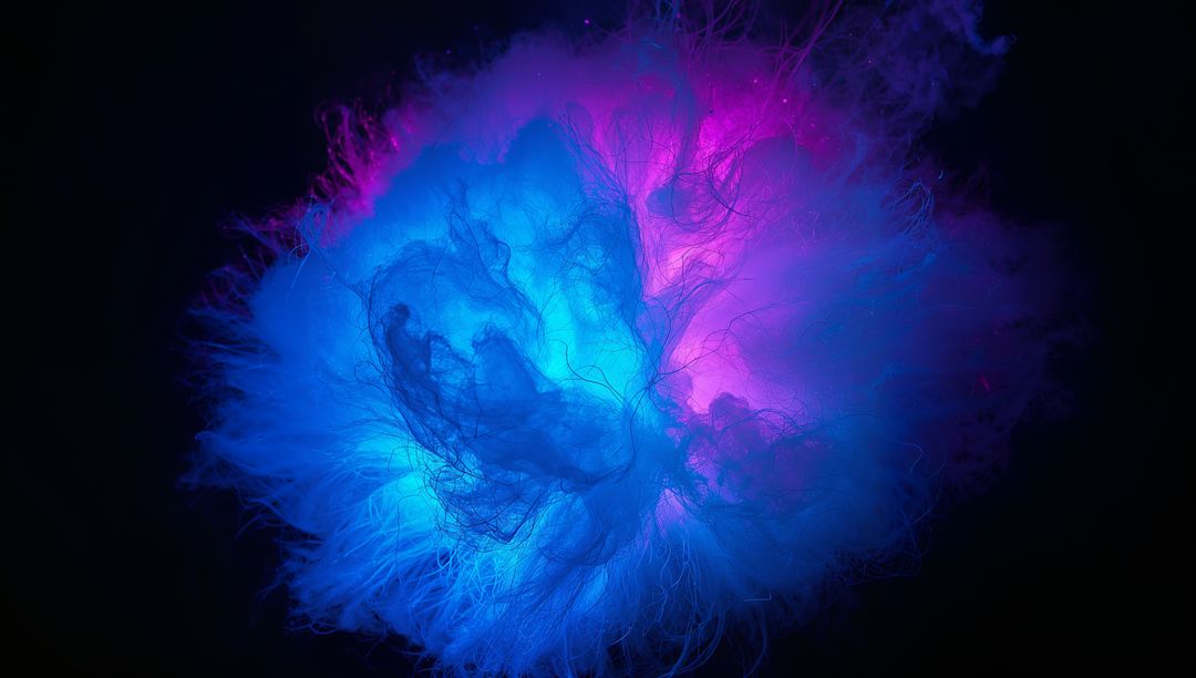 Glowing cyan and magenta nebula drifting with luminous filaments and swirling strands